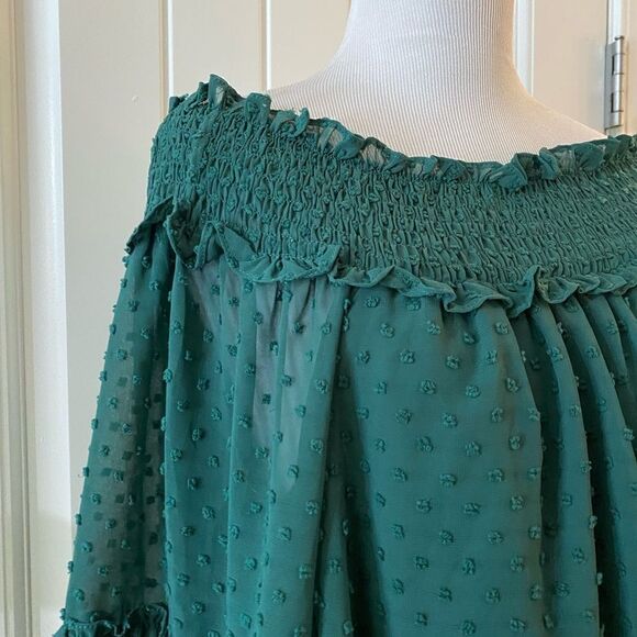 Entro Green Off Shoulder Blouse Swiss Dot Cropped Sleeves - Picture 6 of 11